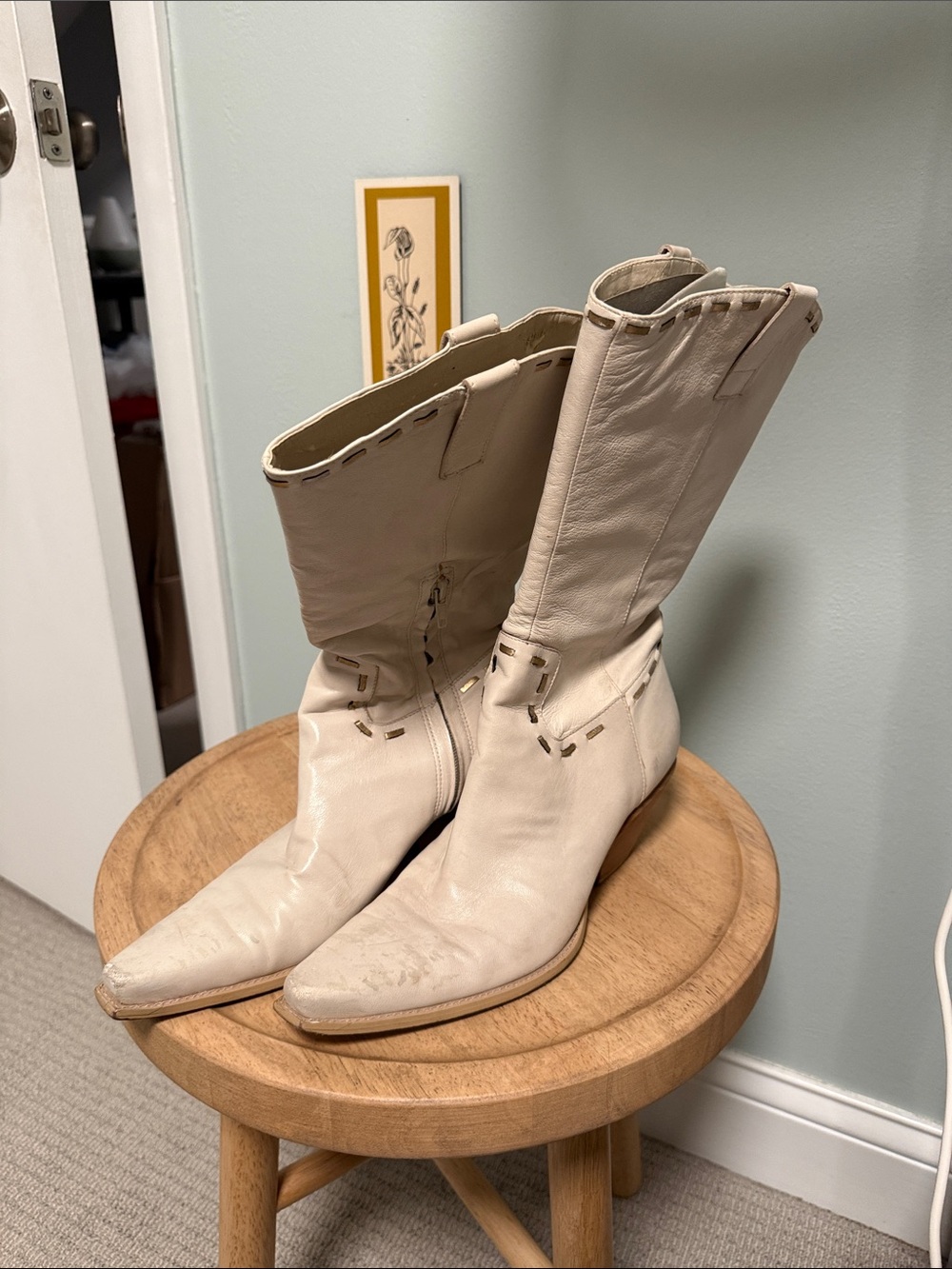 BCBGirls Cream Pointed-Toe Mid-Calf Leather Boots